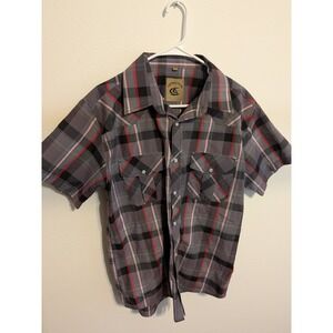 Coevals Club Mens Medium Plaid Western Snap Short Sleeve Shirt Gray Red Black